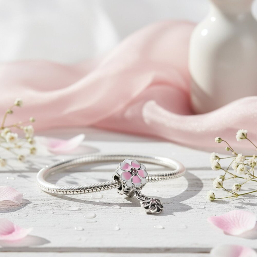 Sterling Silver 925 Charm for Bracelet Pink Flower 🌸